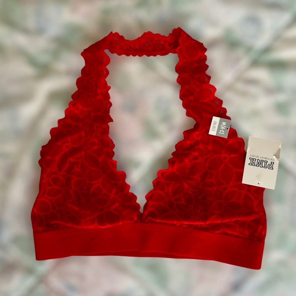 NWT Red Lace Victoria's Secret Pink Halter Bralette, M